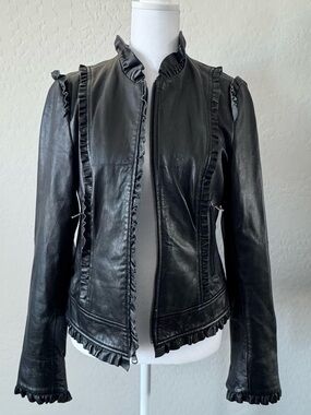 Kenna T Black Genuine Leather Ruffle Trim Jacket